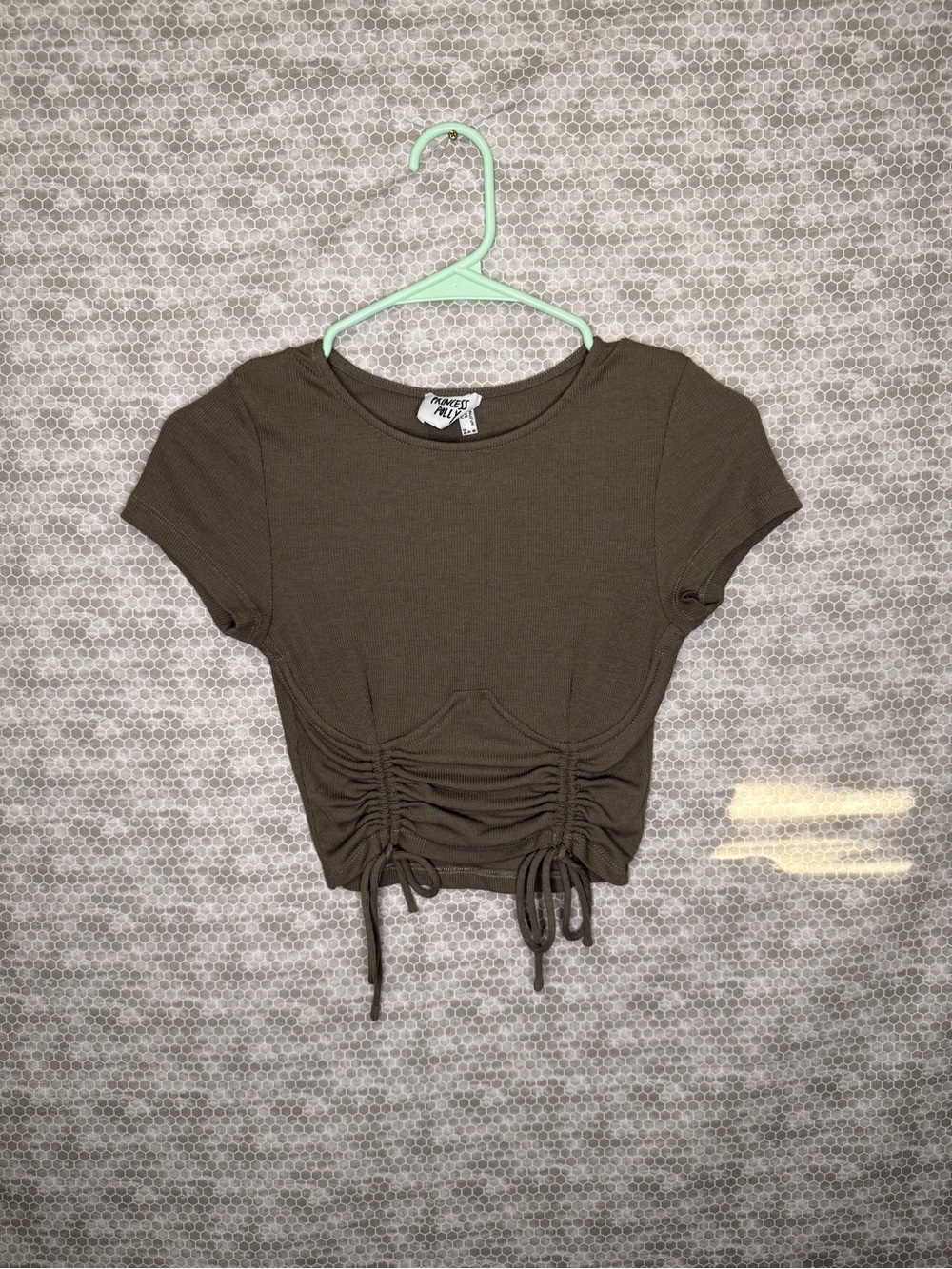 Princess Polly Green Knit Ruched Drawstring Crop Top Short Sleeve Round Neck 4